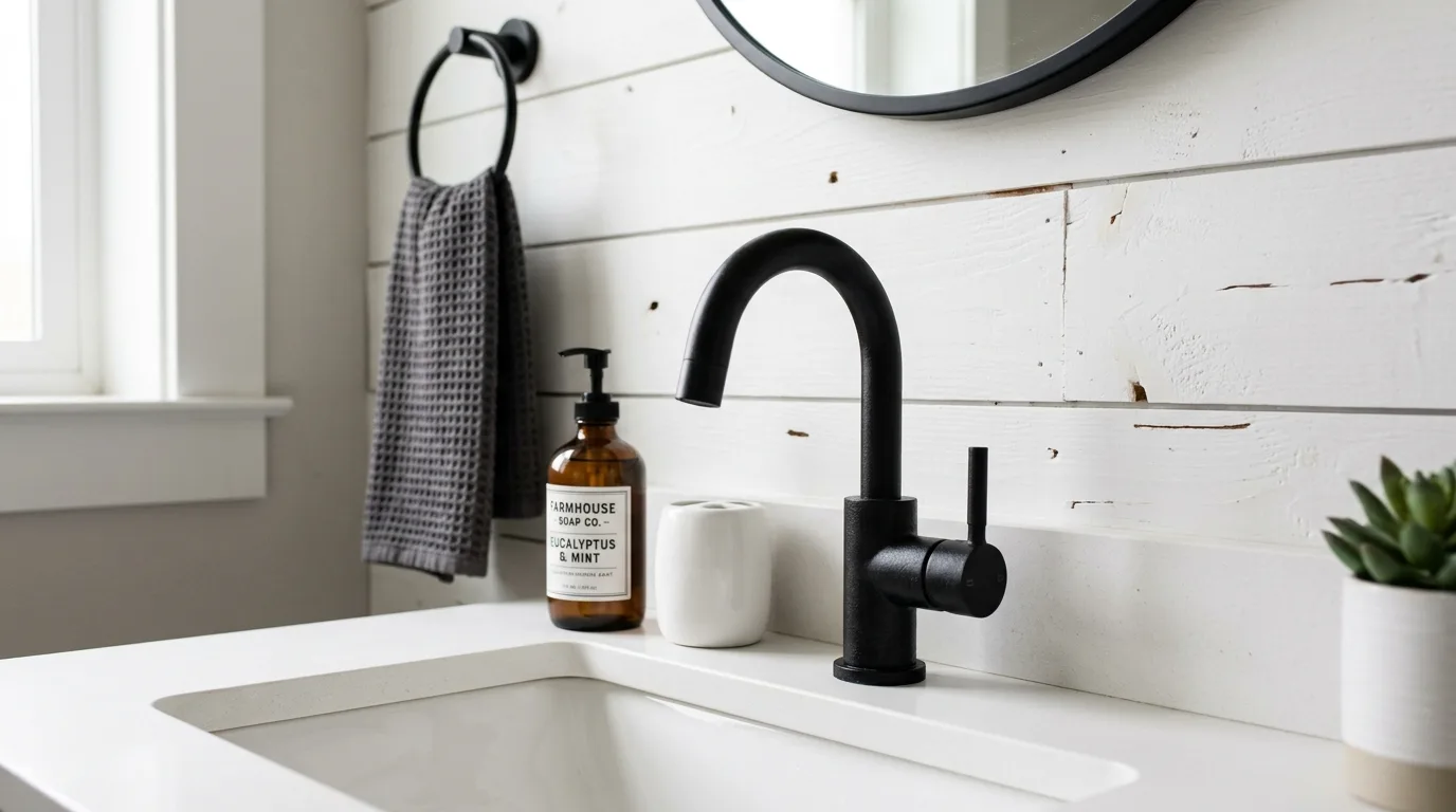 Use linen and cotton for a gentler finish inspiration for a modern farmhouse bathroom.